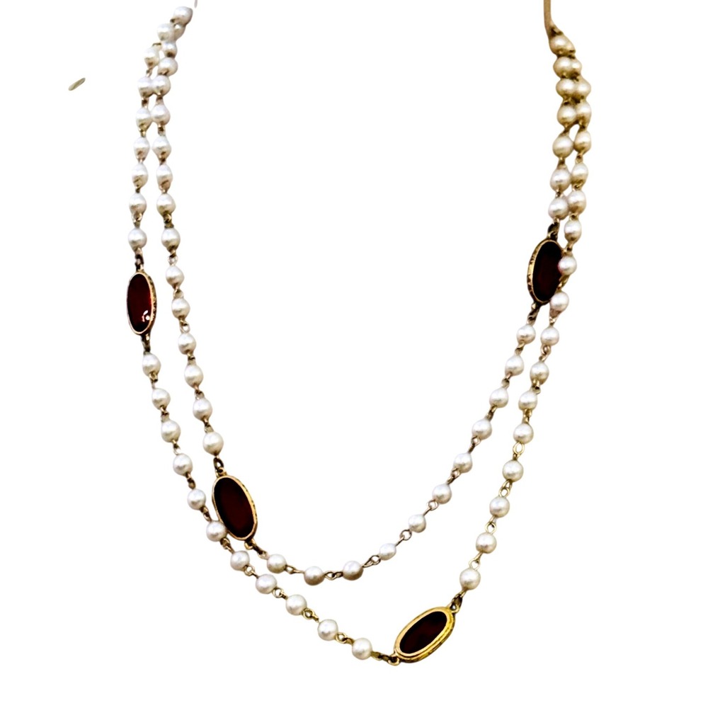 VTG 1928 Collection red Style pearl Necklace red Open bezel Crystal gold  44"L - Picture 4 of 7